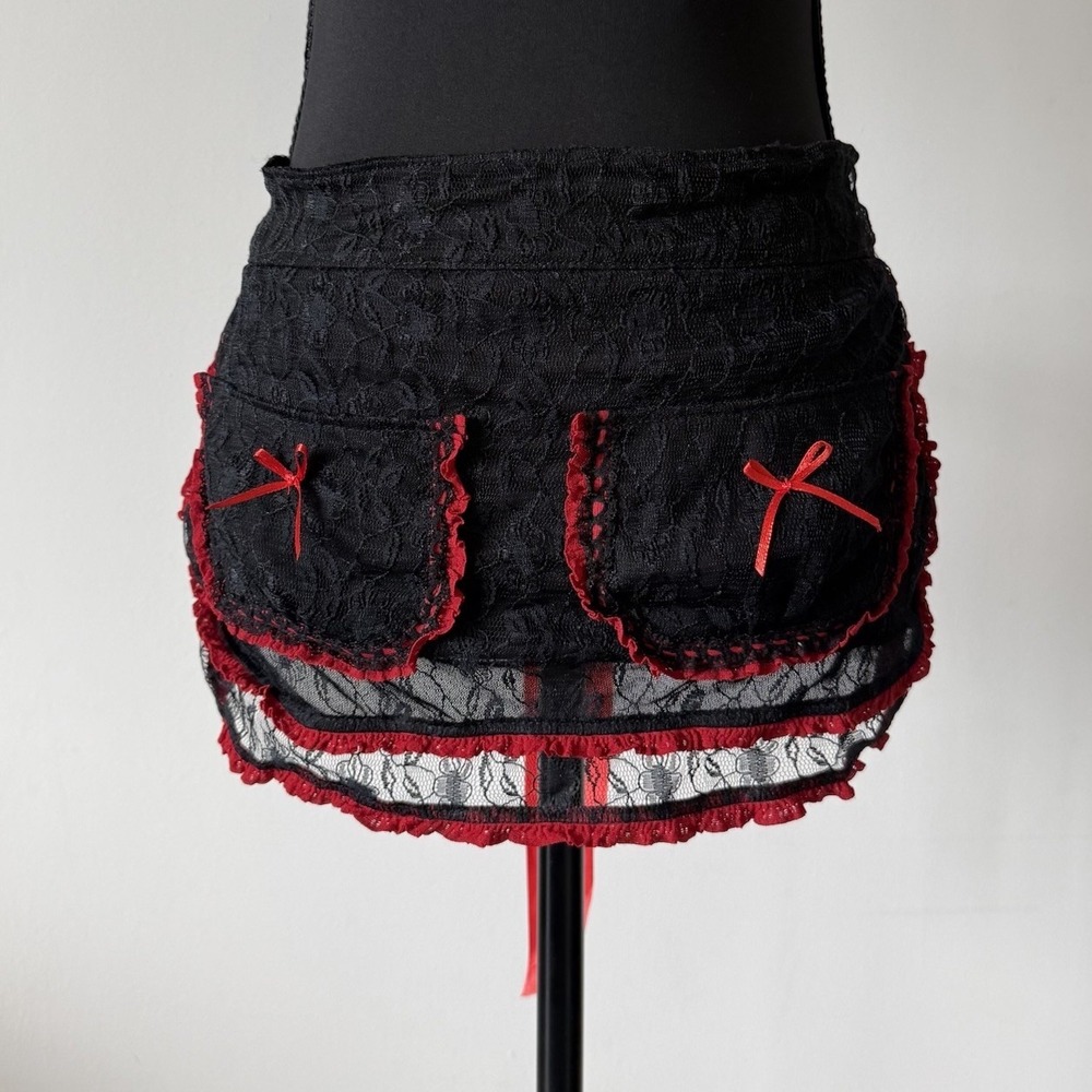Sheer Babydoll Apron Black / Red Bow Lingerie Sexy French Maid Cosplay Size S /M